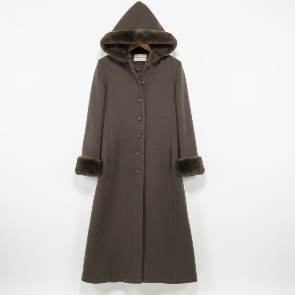 Vintage Charles Klein Coat Women's 10 Faux Fur Trim Hooded Brown Solid Maxi Fit